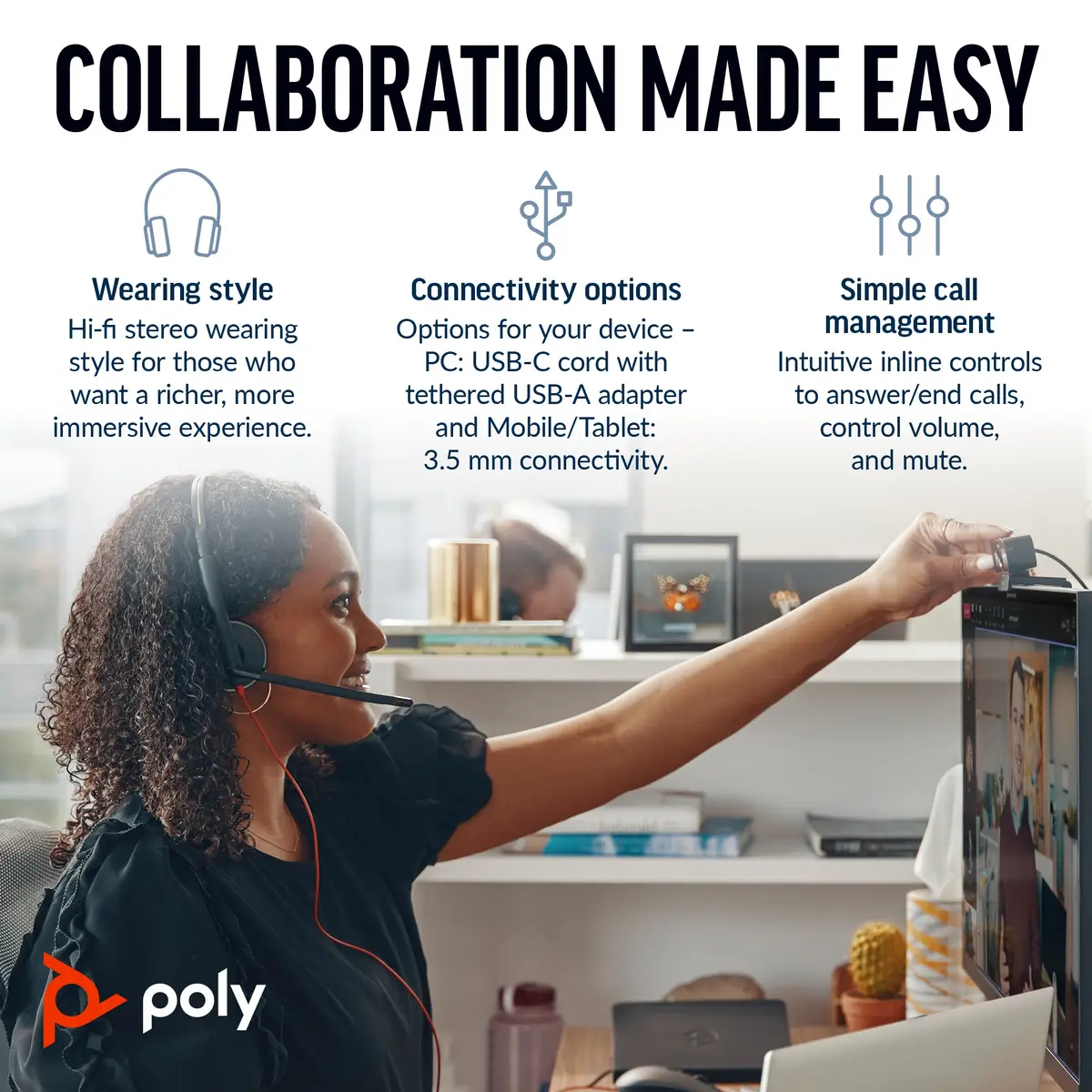 Poly Blackwire 3225 Headset On-Ear kabelgebunden aktive Rauschunterdrückung 3,5mm Stecker USB-C Schwarz