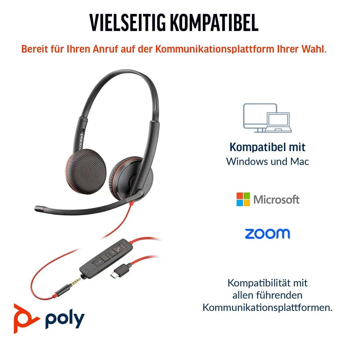 Poly Blackwire 3225 Headset On-Ear kabelgebunden aktive Rauschunterdrückung 3,5mm Stecker USB-C Schwarz