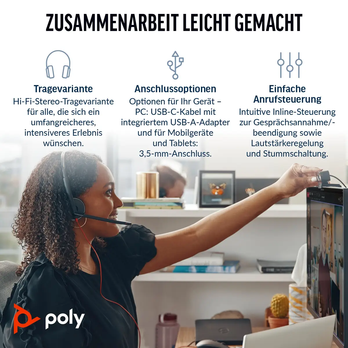 Poly Blackwire 3225 Headset On-Ear kabelgebunden aktive Rauschunterdrückung 3,5mm Stecker USB-C Schwarz