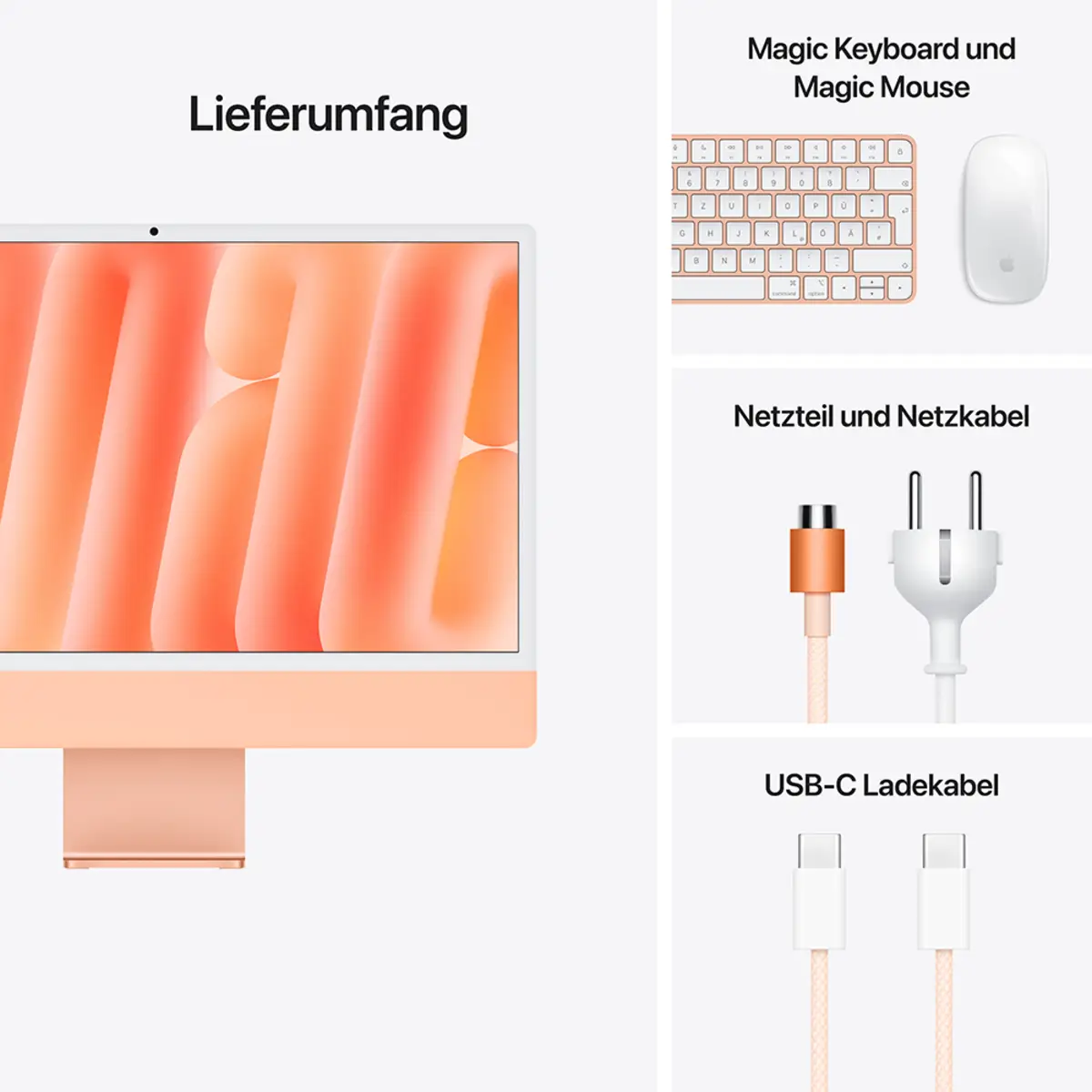 iMac orange mit Retina 4.5k Display Standardglas Apple M4 8C61cm (24") 16GB RAM 1TB SSD Gigabit Ethernet Magic Mouse 2 + Magic Keyboard Deutsch