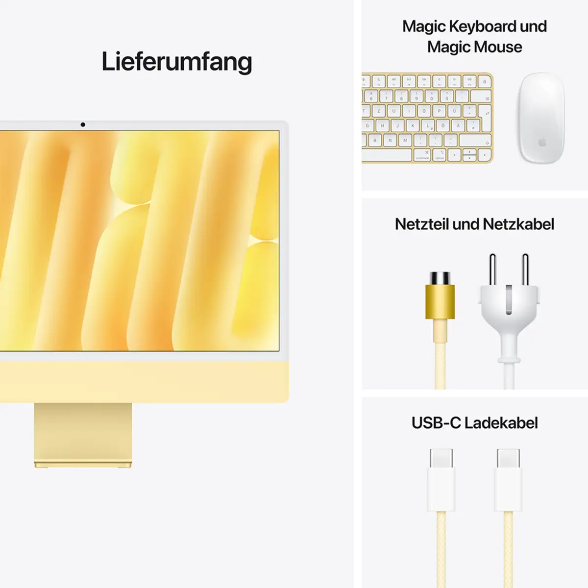 iMac gelb mit Retina 4.5k Display Standardglas Apple M4 8C61cm (24") 16GB RAM 1TB SSD Gigabit Ethernet Magic Mouse 2 + Magic Keyboard Deutsch