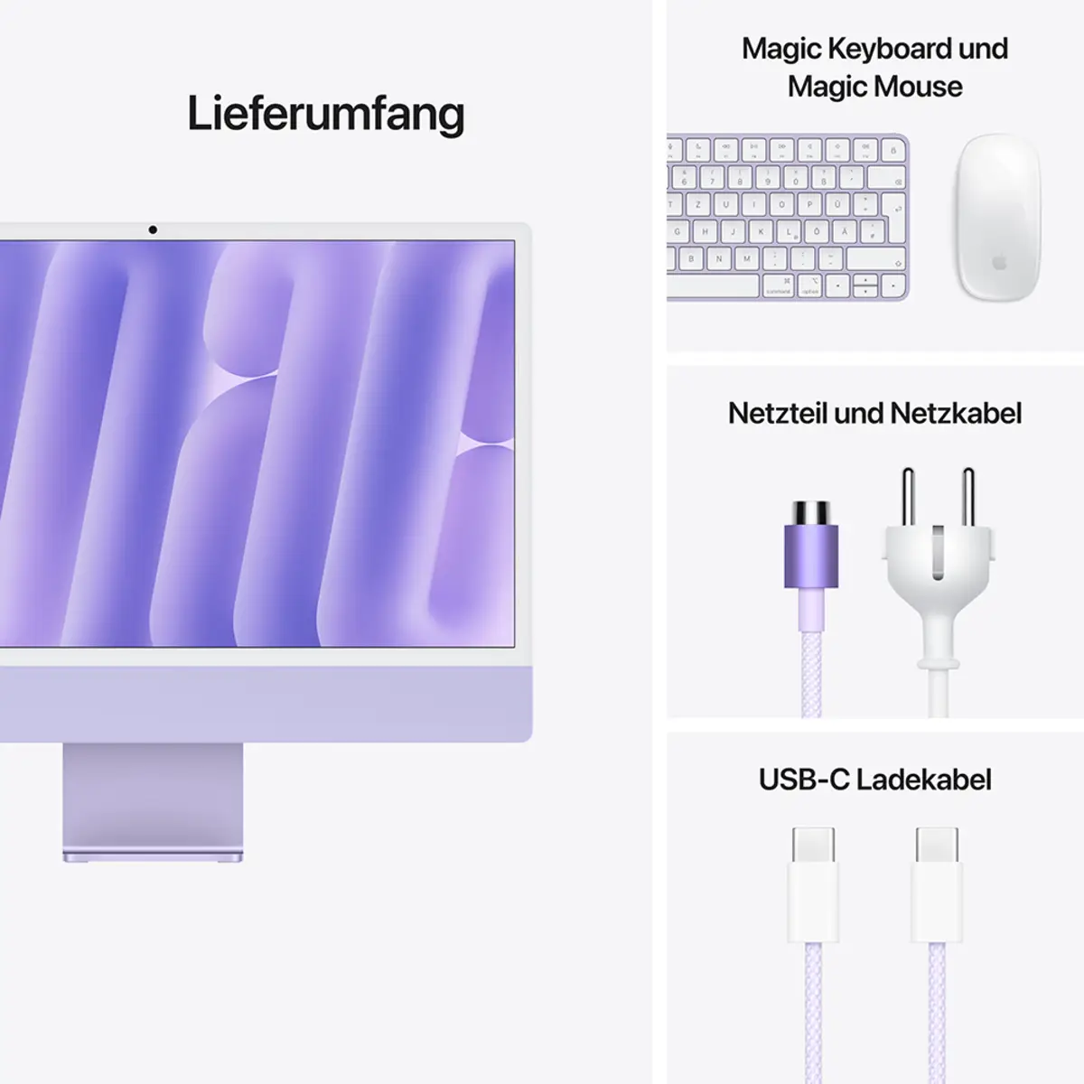 iMac violett mit Retina 4.5k Display Standardglas Apple M4 8C61cm (24") 16GB RAM 1TB SSD Gigabit Ethernet Magic Mouse 2 + Magic Keyboard Deutsch