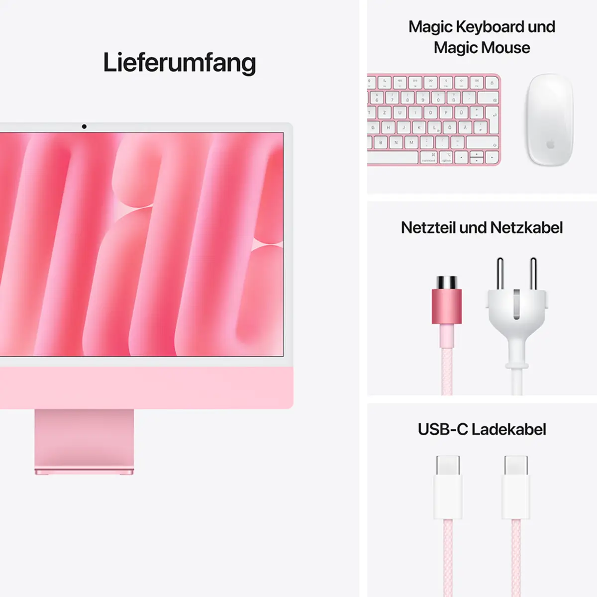 iMac rose mit Retina 4.5k Display Standardglas Apple M4 10C 61cm (24") 24GB RAM 256GB SSD Gigabit Ethernet Magic Mouse 2 + Magic Keyboard mit TouchID und Ziffernblock Deutsch