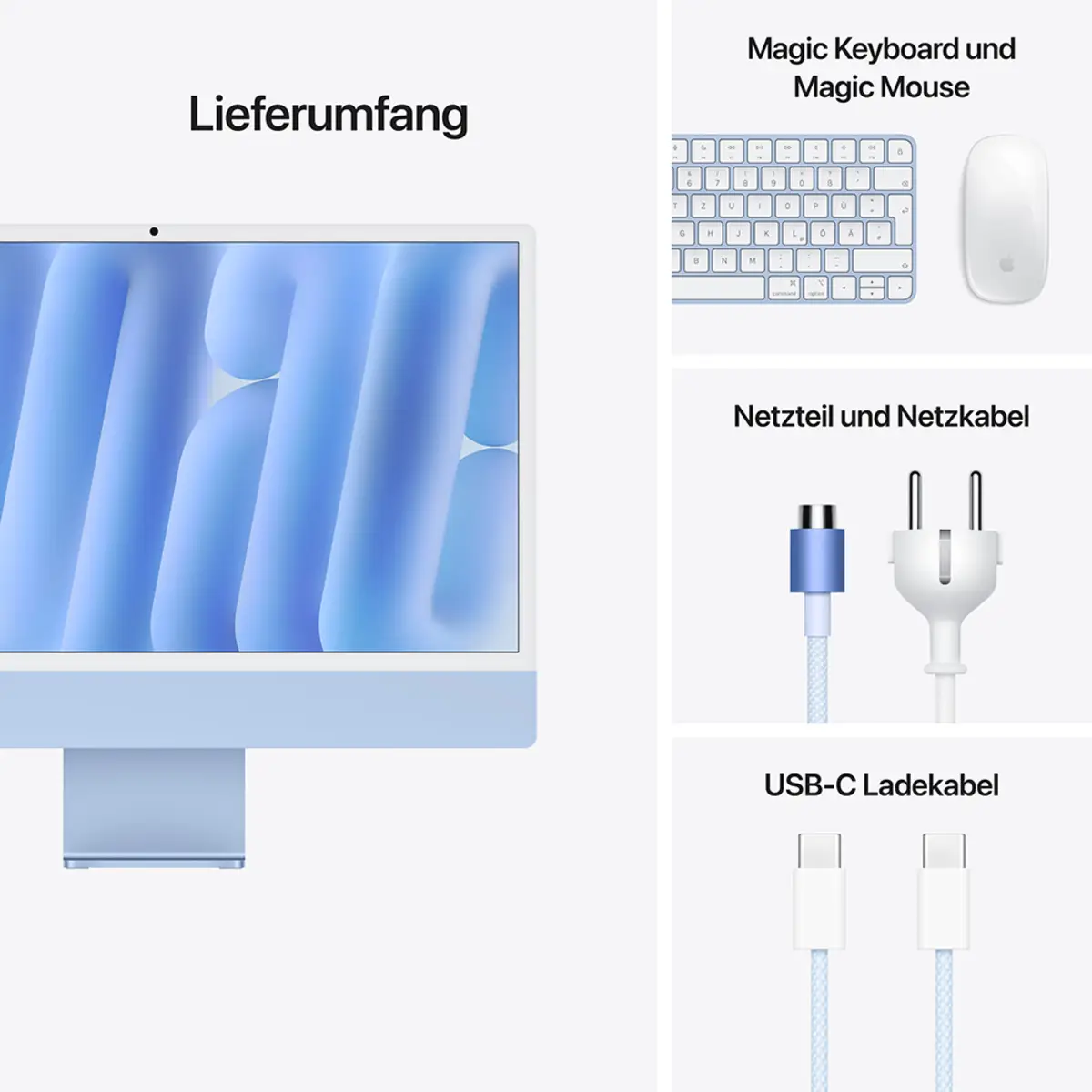 iMac blau mit Retina 4.5k Display Nanotexturglas Apple M4 10C 61cm (24") 16GB RAM 256GB SSD Gigabit Ethernet Magic Mouse 2 + Magic Keyboard mit TouchID und Ziffernblock Deutsch