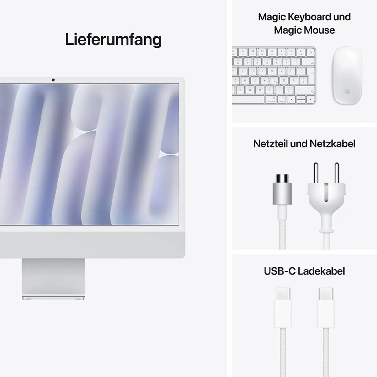 iMac silber mit Retina 4.5k Display Standardglas Apple M4 10C 61cm (24") 16GB RAM 2TB SSD Gigabit Ethernet Magic Mouse 2 + Magic Keyboard mit TouchID und Ziffernblock Deutsch