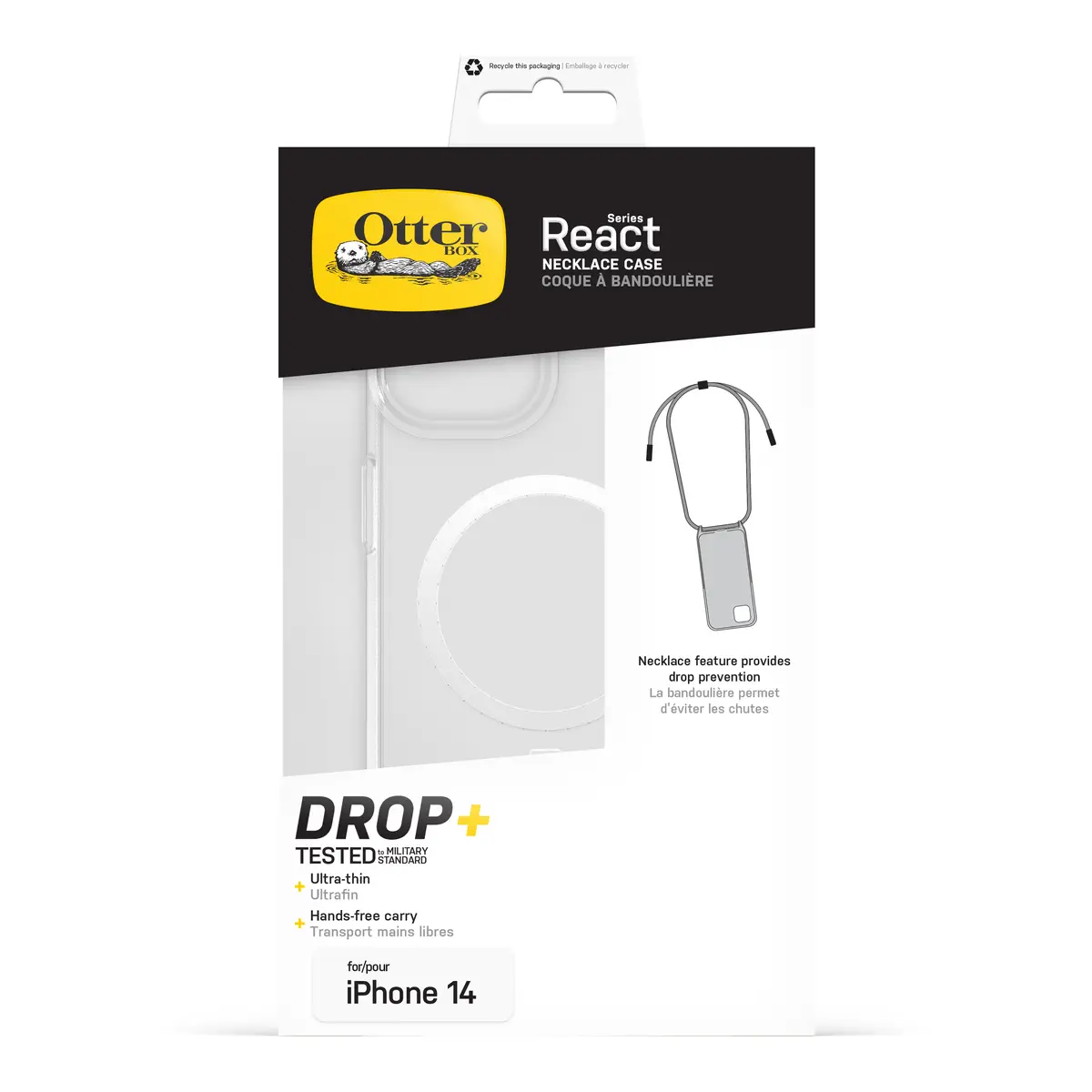 Schutzhülle für Apple iPhone 14 Halsband mit Gurt kompatibel mit MagSafe 50 % recycelter Kunststoff klar