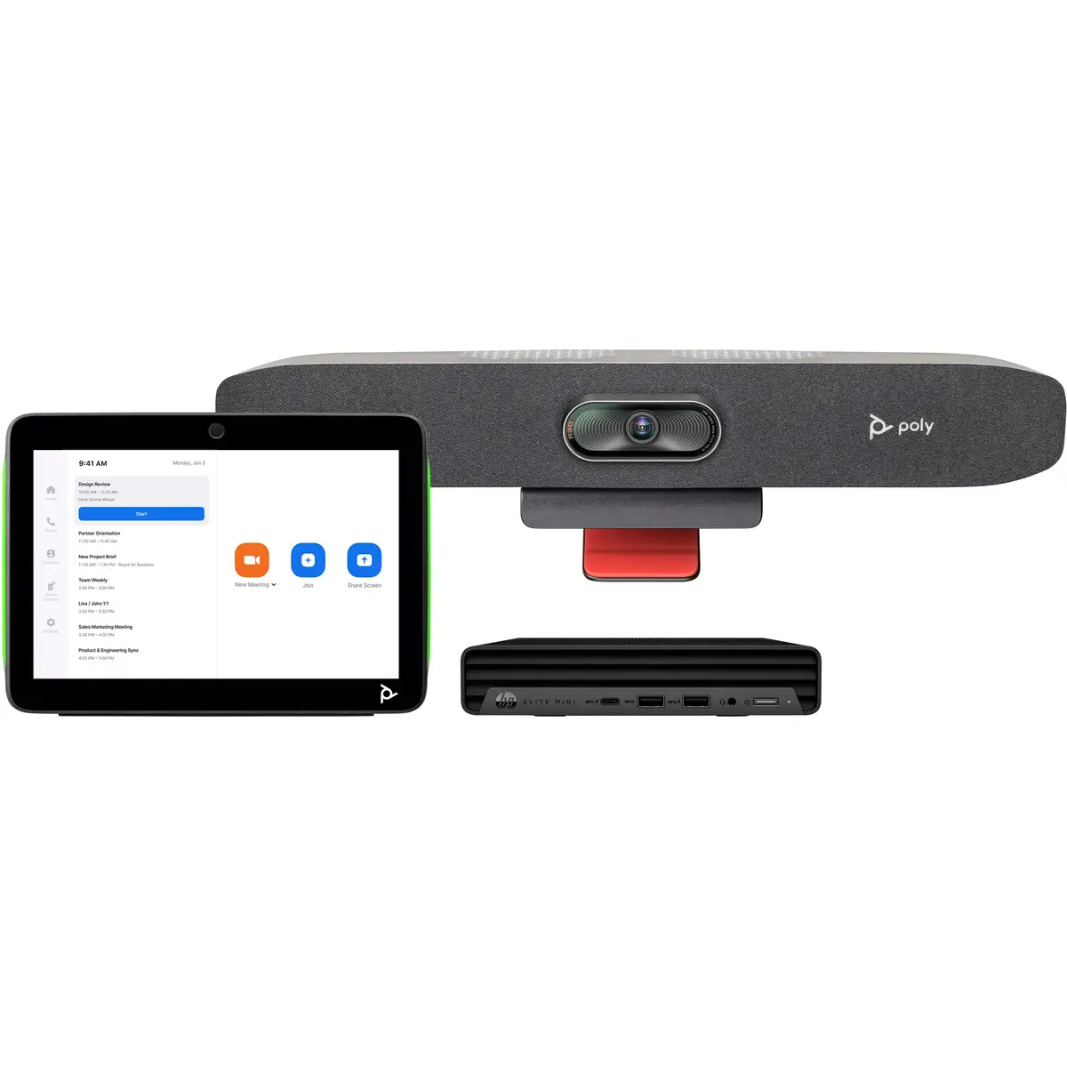 Poly Studio Small Room Bundle Kit für Videokonferenzen (HP Mini Conferencing PC, Poly Studio R30 video bar, Poly TC10 Touchcontroller)