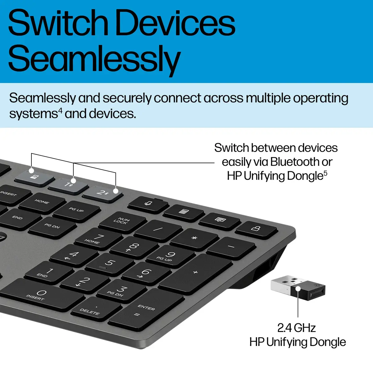 725 Kabellose Tastatur für mehrere Geräte, Volle Größe (100%), Kabellos, RF Wireless + Bluetooth, Grau