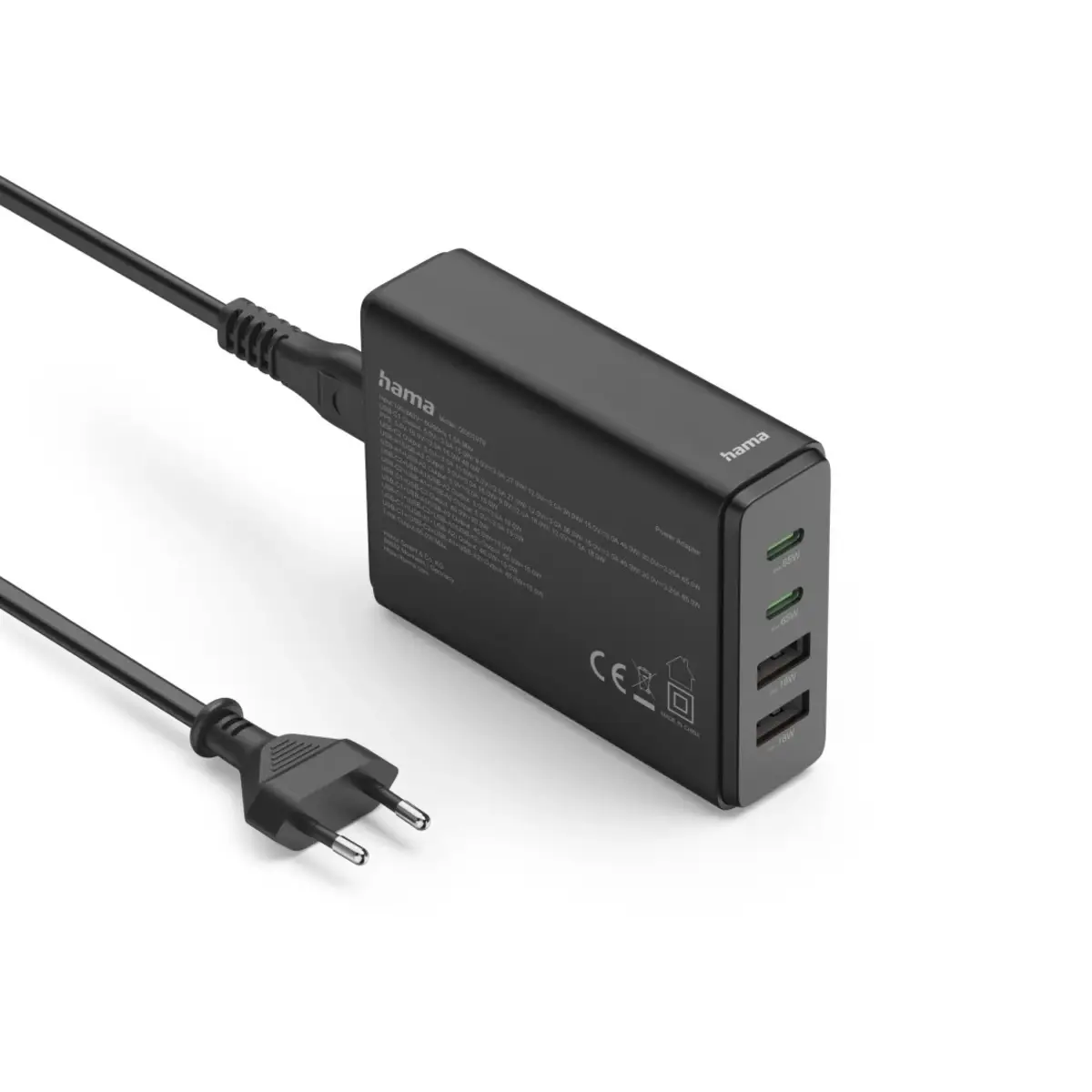 USB-Ladestation 4 Ports, GaN, Schnellladegerät, 2xUSB-C, 2xUSB-A, PD, 65 W