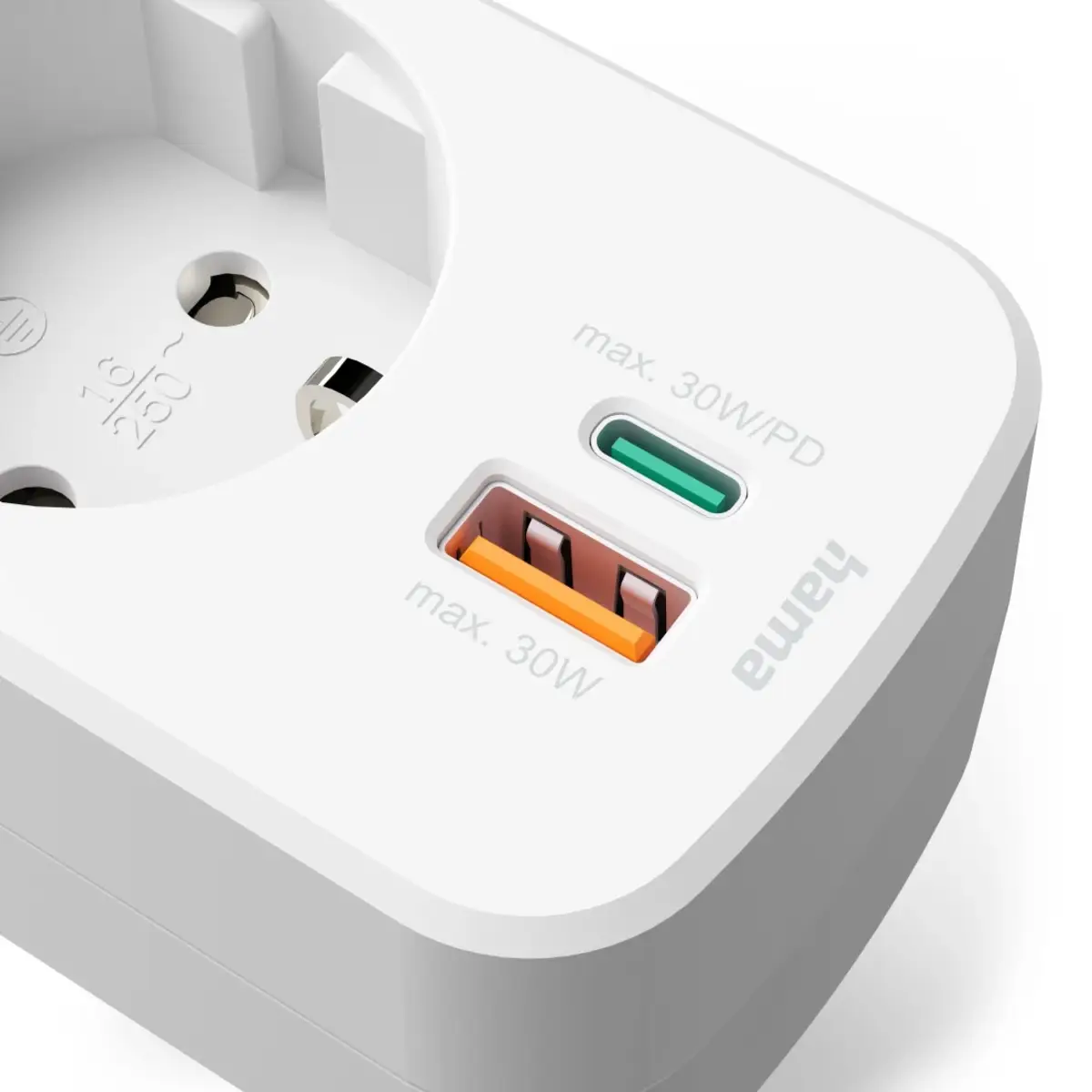 Mehrfachstecker 3er f. Steckdose, 1 USB-C PD, 1 USB-A, 1 Schutzkontakt, 30W