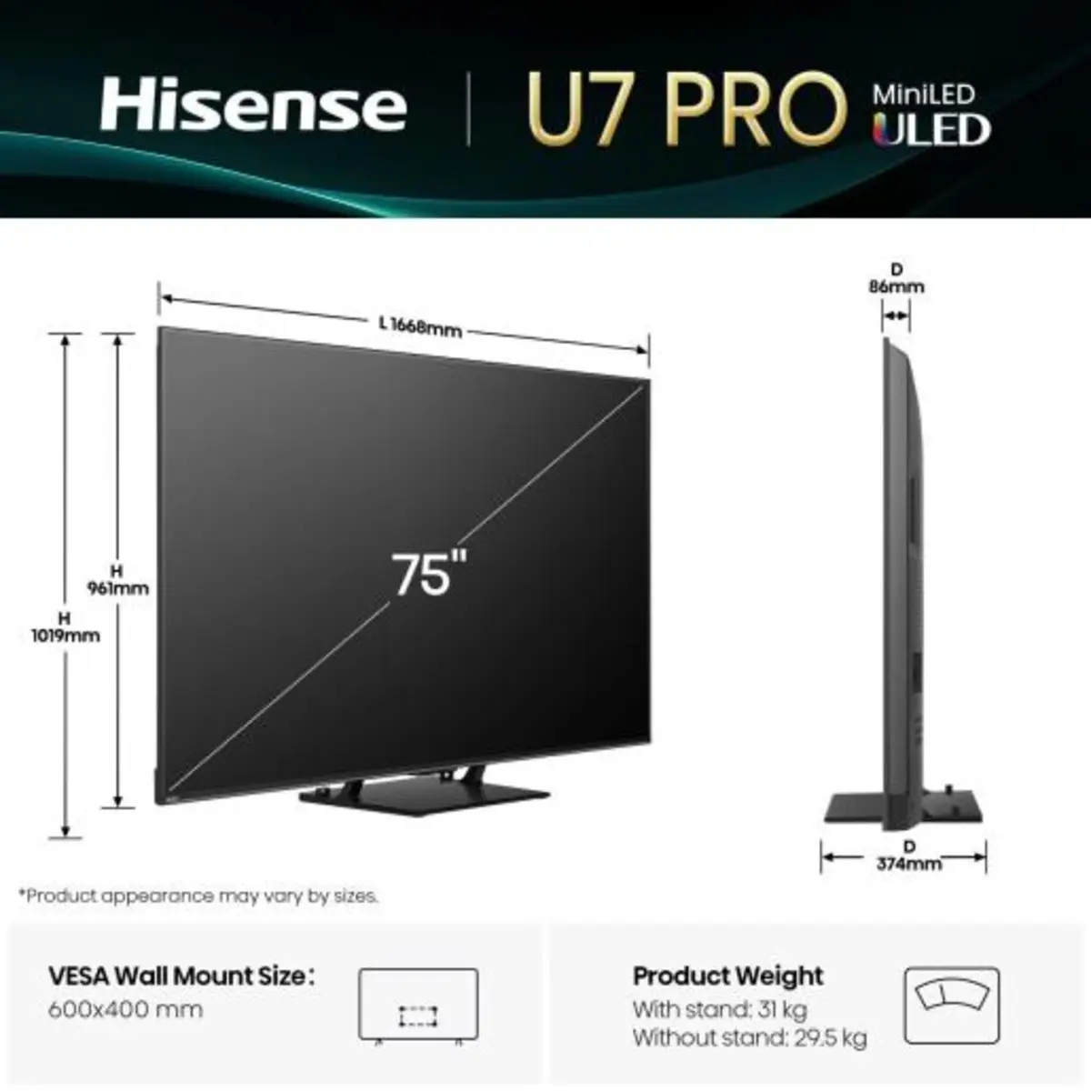 Smart-TV 75U7QPRO 189cm 75" 3840x2160 Mini-LED 4K UHD 165Hz Schwarz