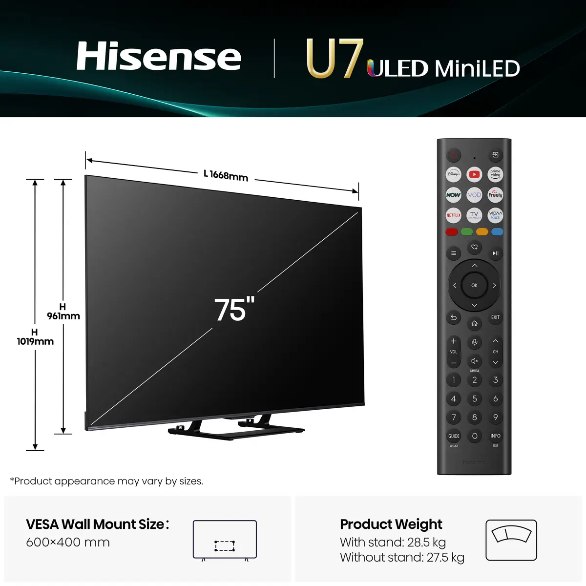 Mini Smart-TV 75U7Q189 cm 75" 3840x21604K UHD 144Hz HDR10+ Dolby Atmos DTS Virtual X-Decodierung VIDAA Smart OS Serie:U7Q