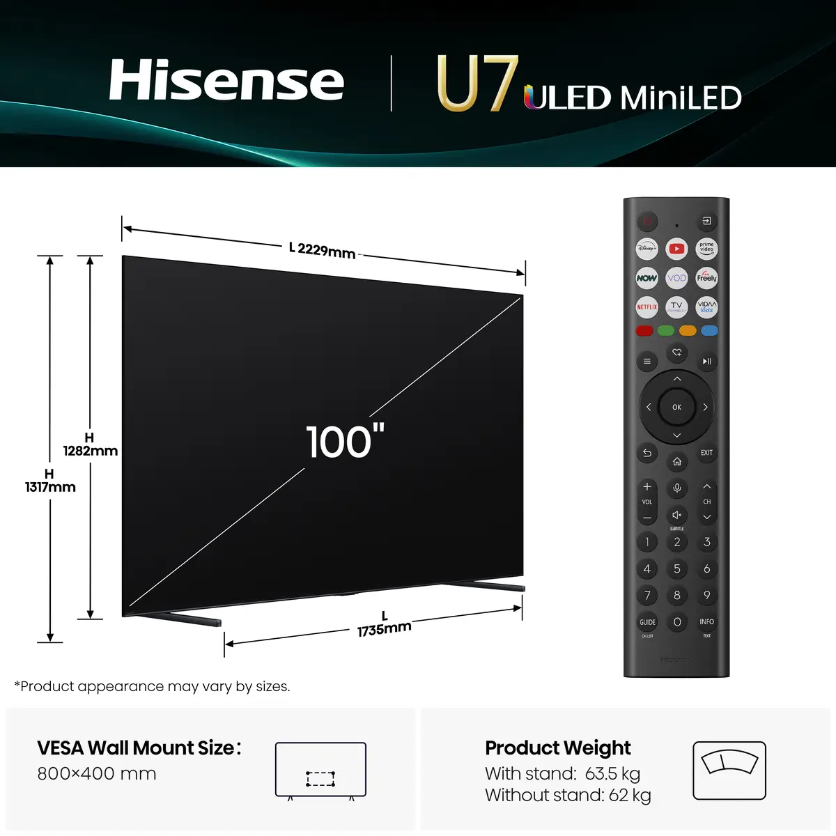 Mini Smart-TV 100U7Q253 cm 100" 3840x21604K UHD 165Hz HDR10+ Dolby Atmos DTS Virtual X-Decodierung VIDAA Smart OS Serie:U7Q