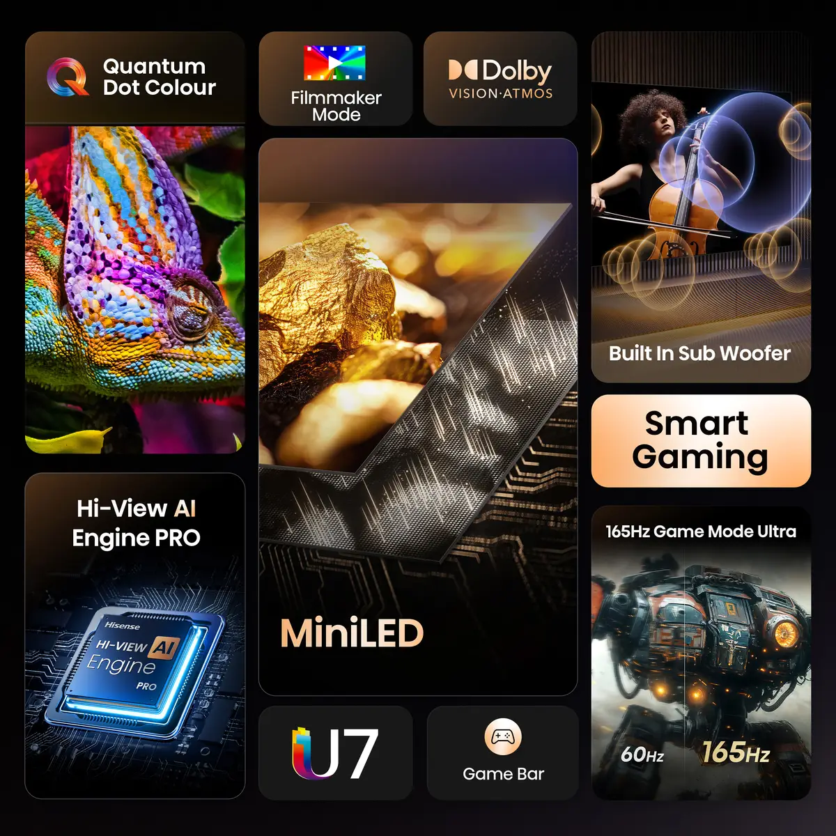Mini Smart-TV 100U7Q253 cm 100" 3840x21604K UHD 165Hz HDR10+ Dolby Atmos DTS Virtual X-Decodierung VIDAA Smart OS Serie:U7Q