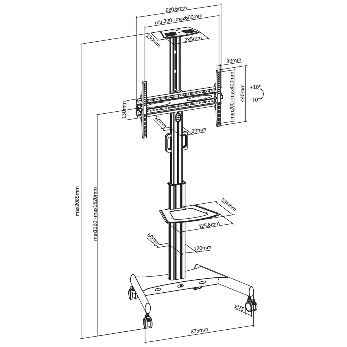 VLFS3266C Pro Mobile Stand 81,3cm 32" 165,1cm 65" 200x200mm 600x400mm Aluminium Schwarz