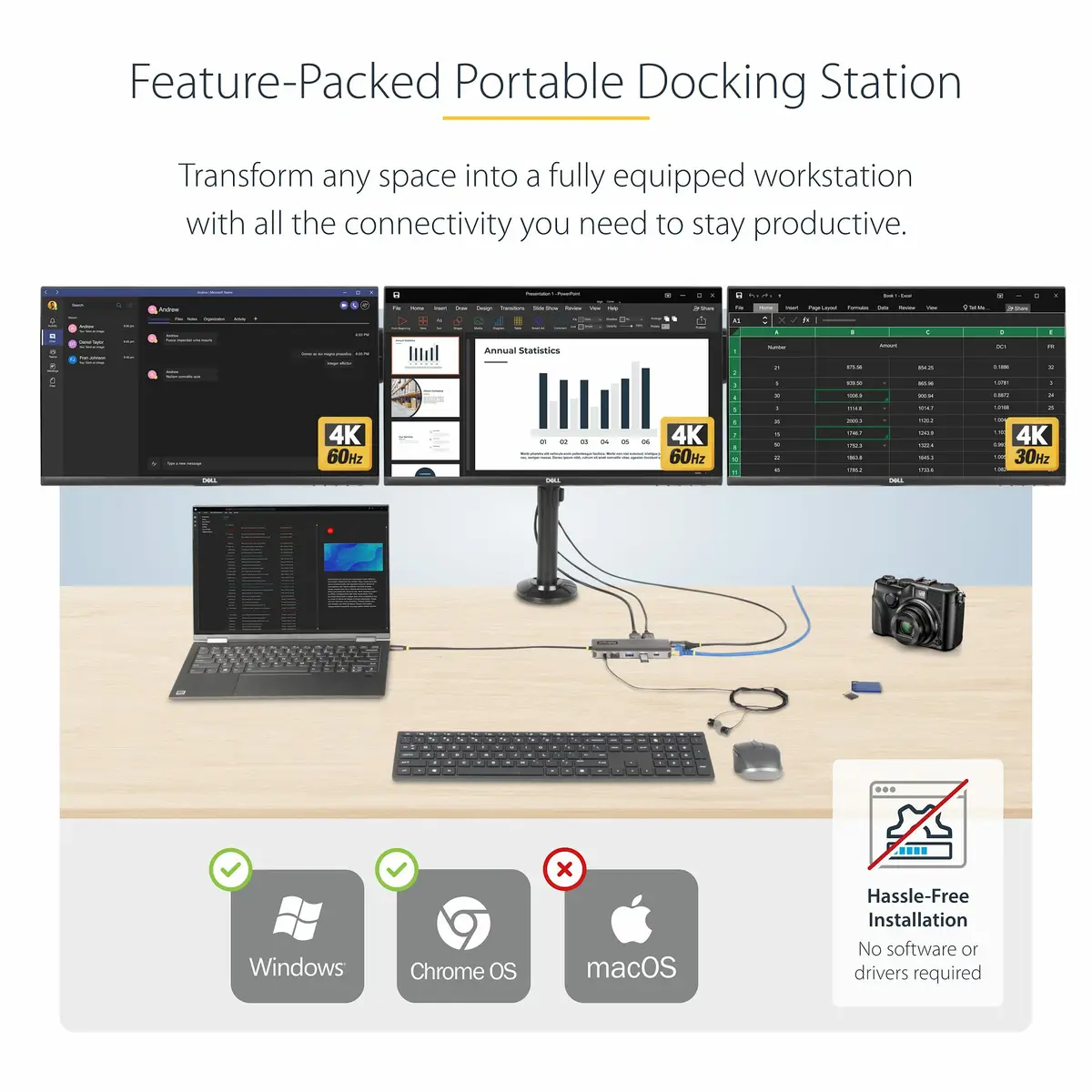 StarTech Drei Monitor USB-C Multiport Adapter, 2x 4K 60Hz + 4K 30Hz HDMI & DP, 4x USB-A Hub, 100W PD, GbE, Laptop Dockingstation