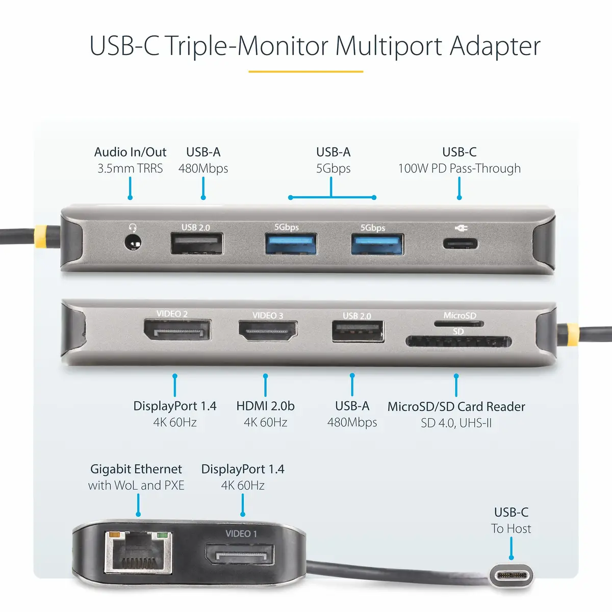 StarTech Drei Monitor USB-C Multiport Adapter, 2x 4K 60Hz + 4K 30Hz HDMI & DP, 4x USB-A Hub, 100W PD, GbE, Laptop Dockingstation