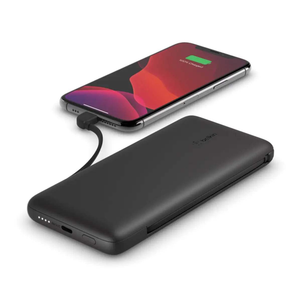 BOOSTCHARGE Powerbank, 10.000 mAh, 18W, mit integrierten Kabeln (USB-C, Lightning), schwarz