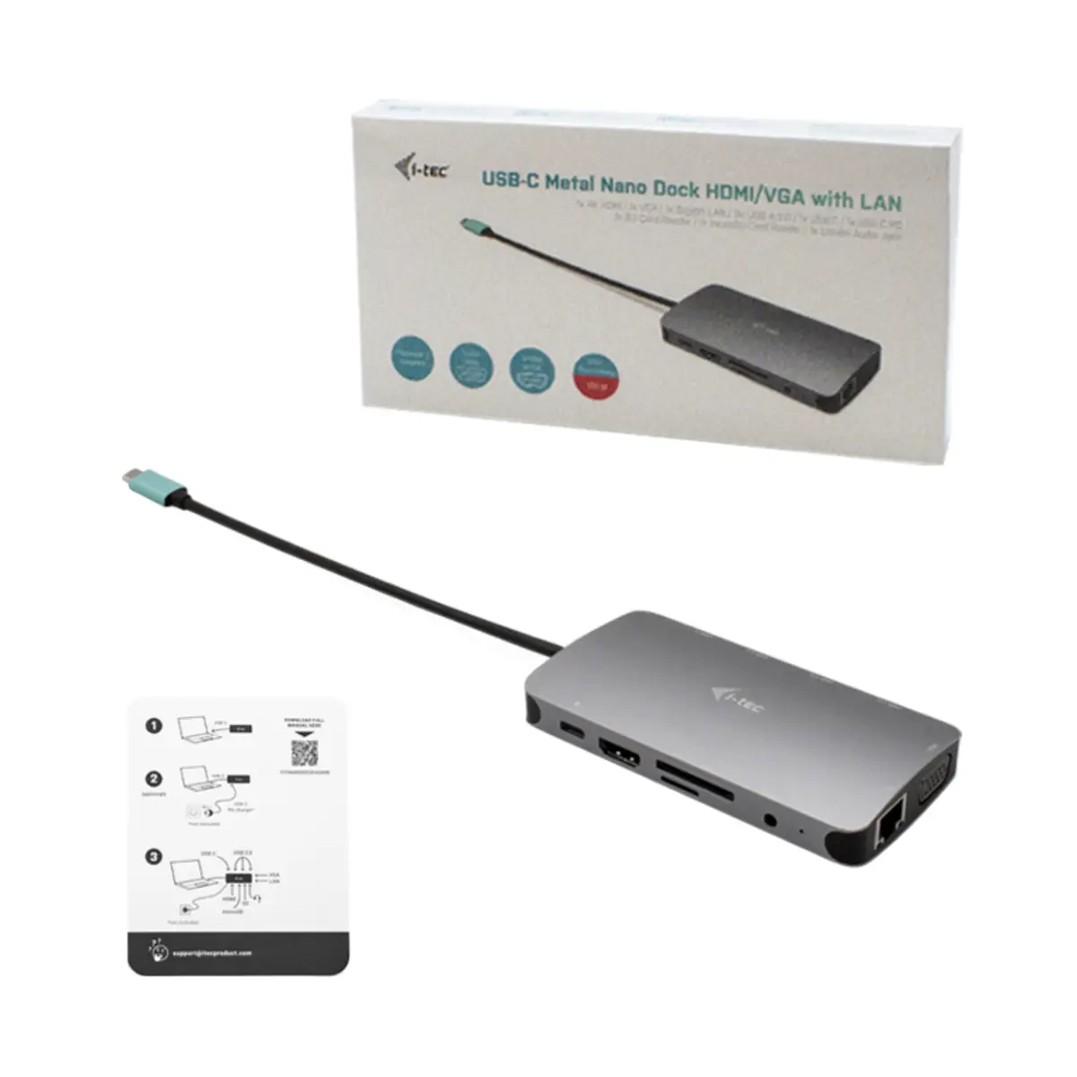 i-tec USB-C Metal Nano Dock HDMI/VGA with LAN + Power Delivery 100W + Charger 100W (bundle)