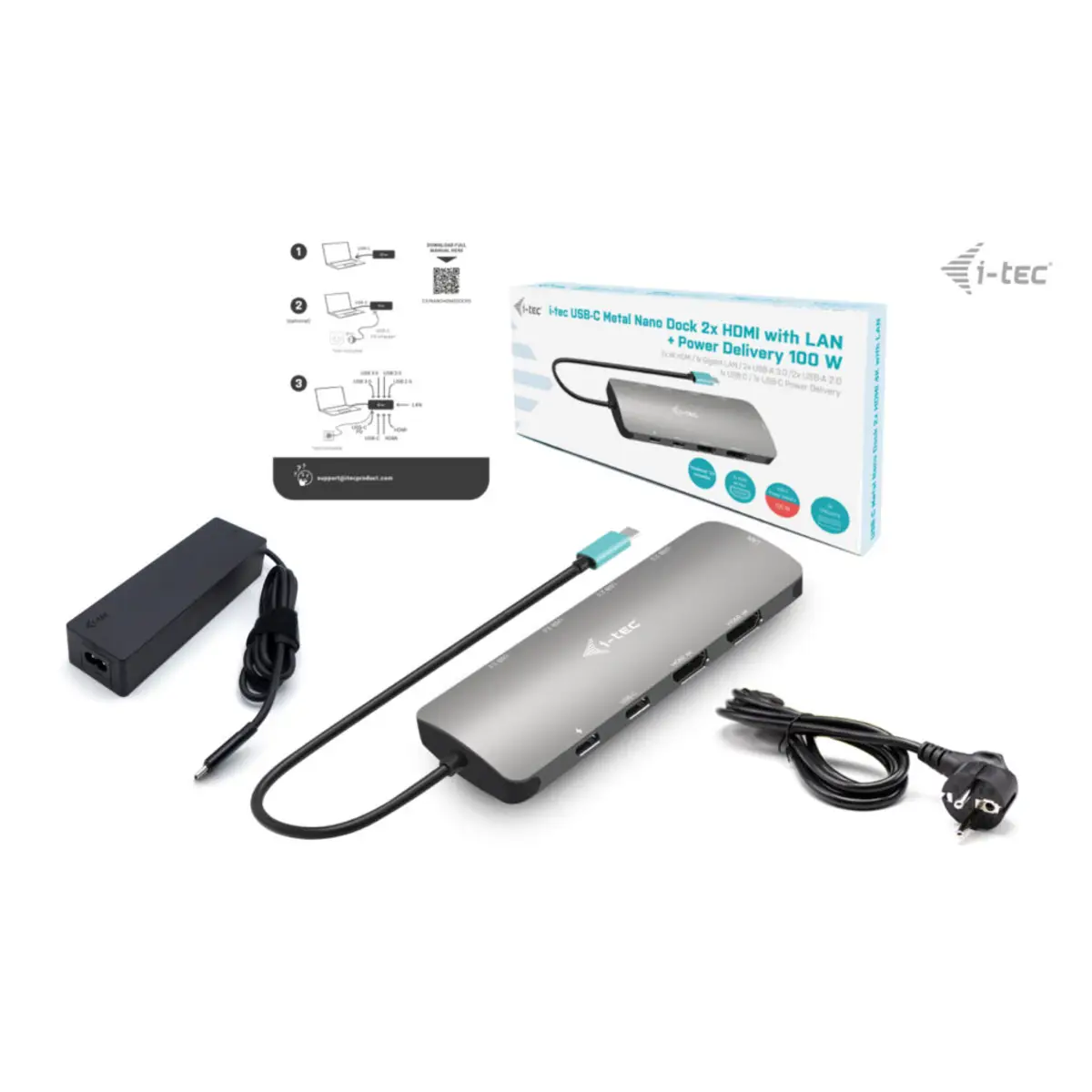 i-tec USB-C Metal Nano 2x HDMI Docking Station, PD 100W + Charger 100W