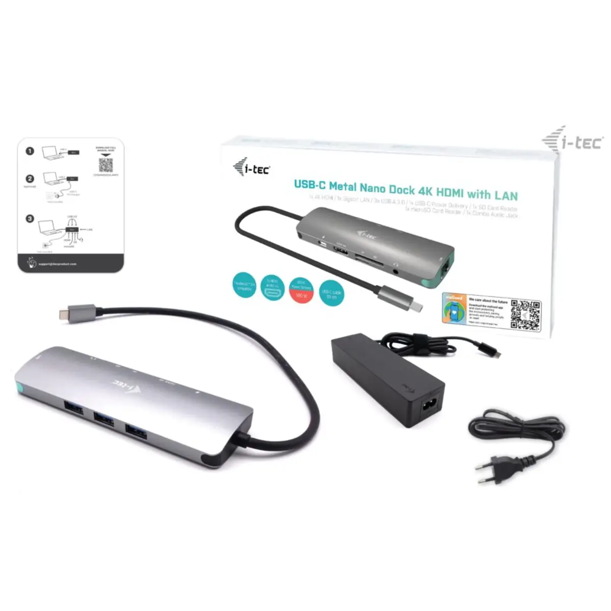 i-tec USB-C Metal Nano Docking Station 4K HDMI LAN with Power Delivery 100 W + Charger 100W