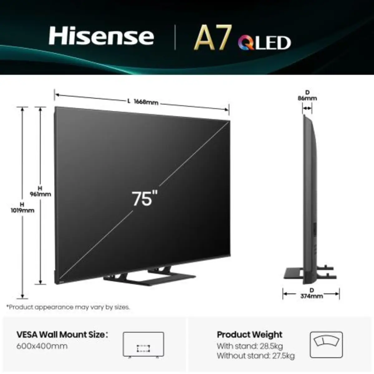 TV 75A7Q 75", QLED 4K, 60Hz, 400 Nits