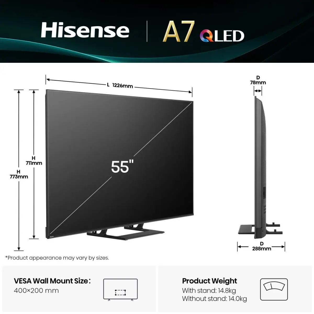 TV 55A7Q 55" , QLED 4K, 60Hz, 400 Nits