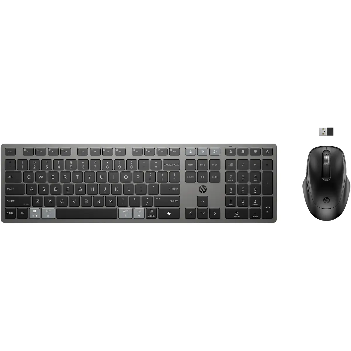 725 Kombo mit wiederaufladbarer kabelloser Tastatur und Maus für mehrere Geräte, Volle Größe (100%), Kabellos, RF Wireless + Bluetooth, Scherenschalter, Schwarz, Maus enthalten