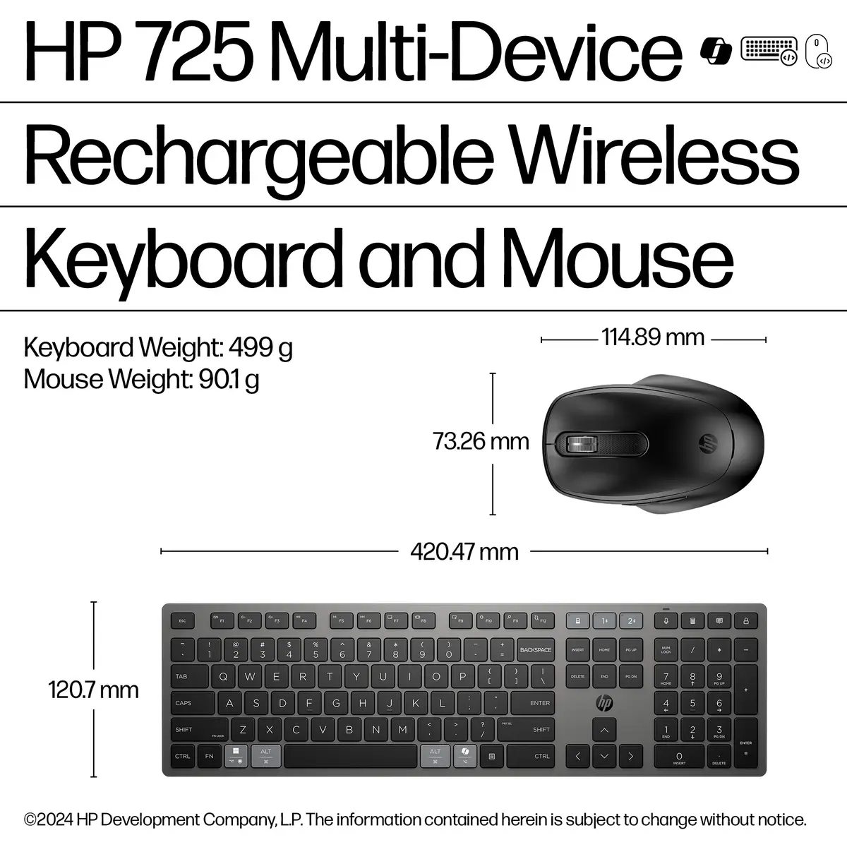 725 Kombo mit wiederaufladbarer kabelloser Tastatur und Maus für mehrere Geräte, Volle Größe (100%), Kabellos, RF Wireless + Bluetooth, Scherenschalter, Schwarz, Maus enthalten