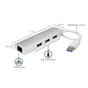 StarTech 3-Port Portable USB 3.0 HUb with GbE white/silver